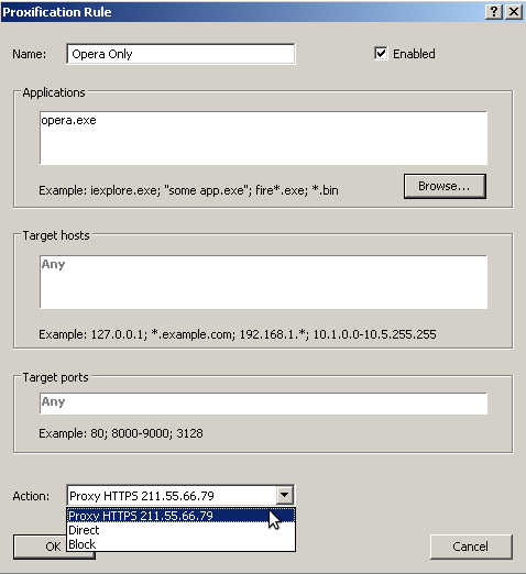 proxifier add application rule: opera browse